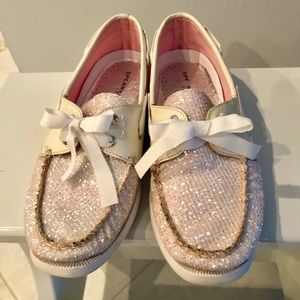 Sperry white glitter & ribbon laces shoes, sz. 9